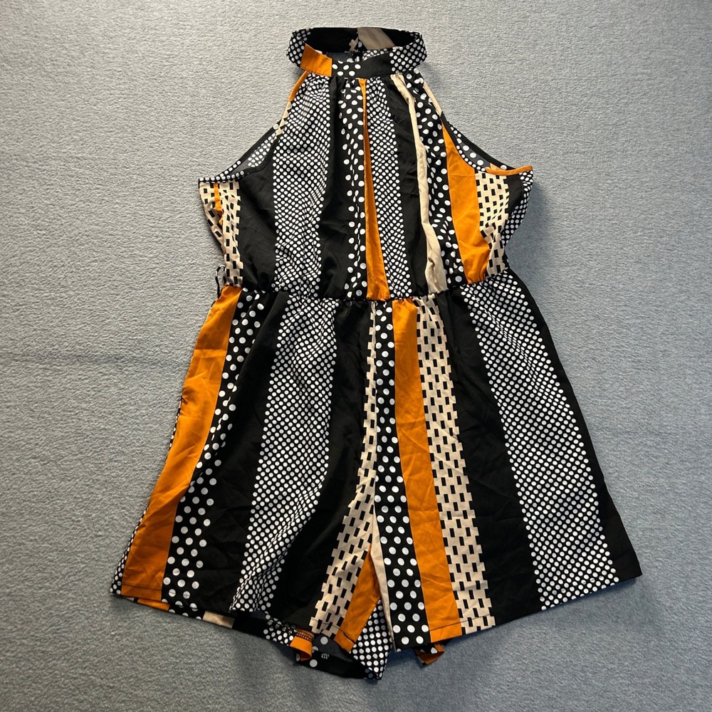 Halter Romper Womens XL Black White Polka Dot Stripe‎ Mustard Boho Retro Style